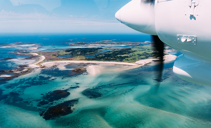 Skybus flying over Tresco to the Isles of Scilly